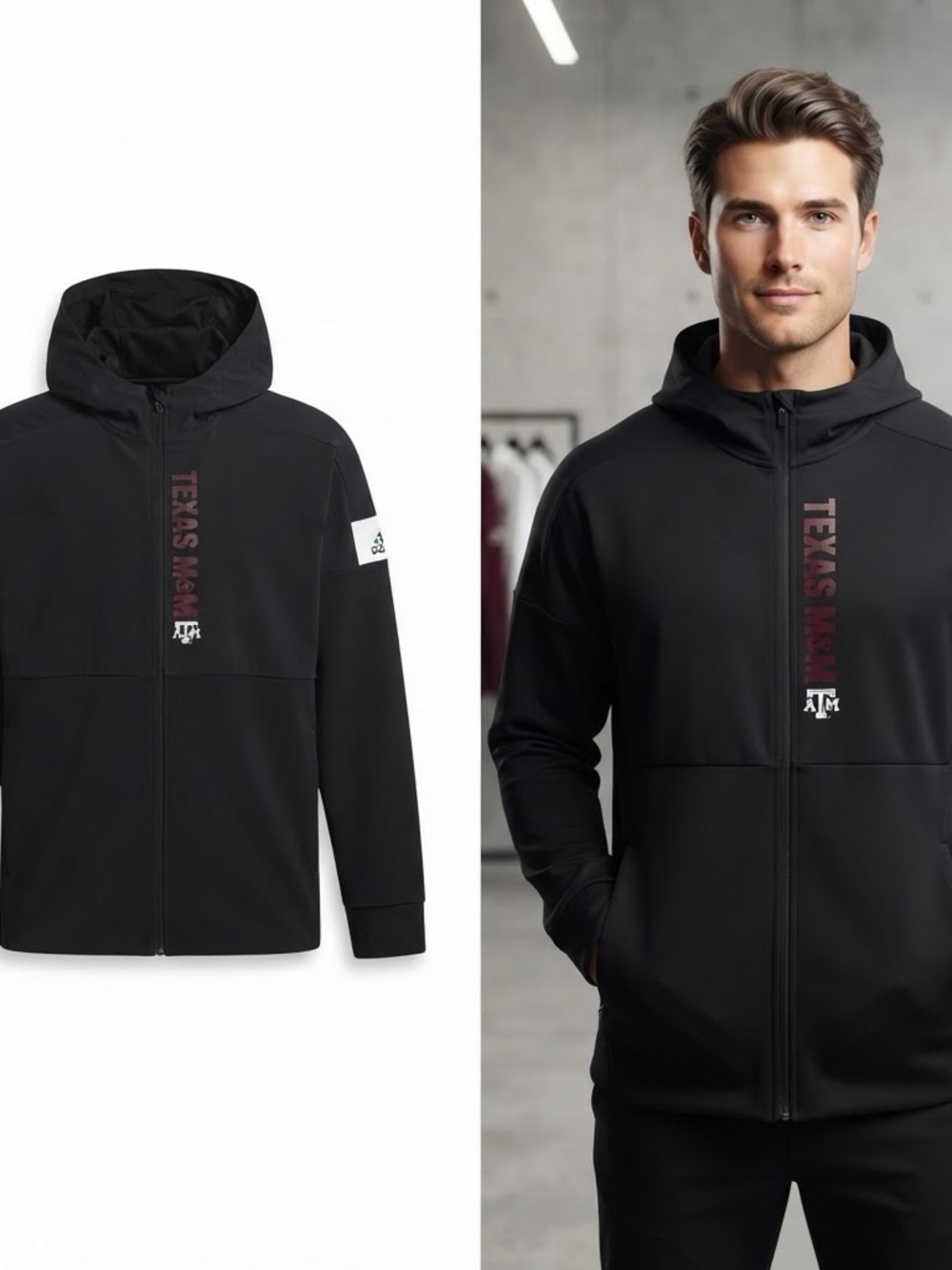 Adidas Black Hooded Full-Zip Jacket with Maroon Texas A&M Script Large